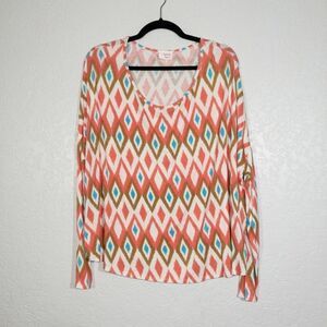 Fantastic Fawn Coral & Turquoise Ikat Diamond Print Top Size Medium